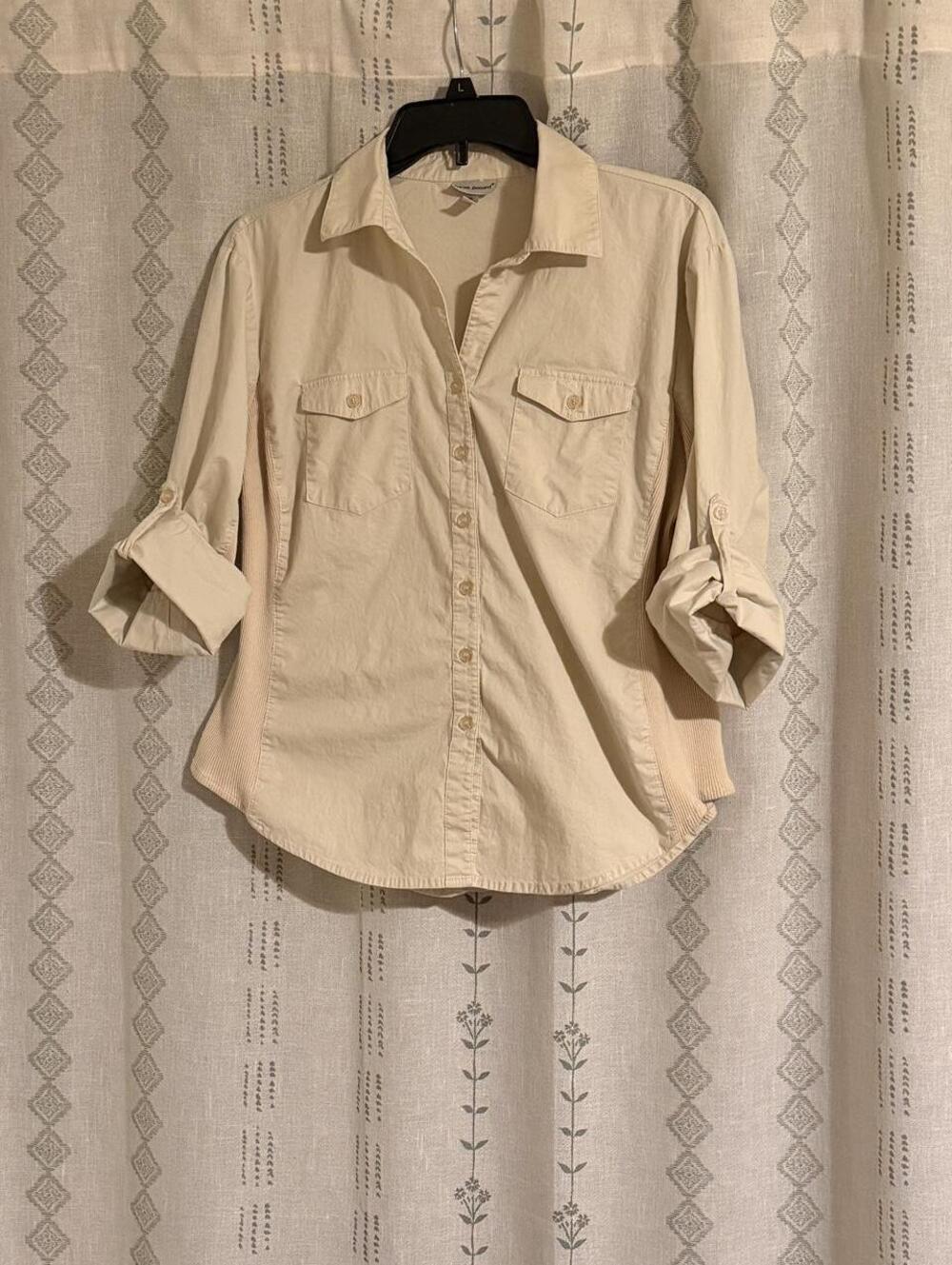 Harvé Benard Cotton Safari CreamButton Down Roll Tab Sleeve Stretch Blouse